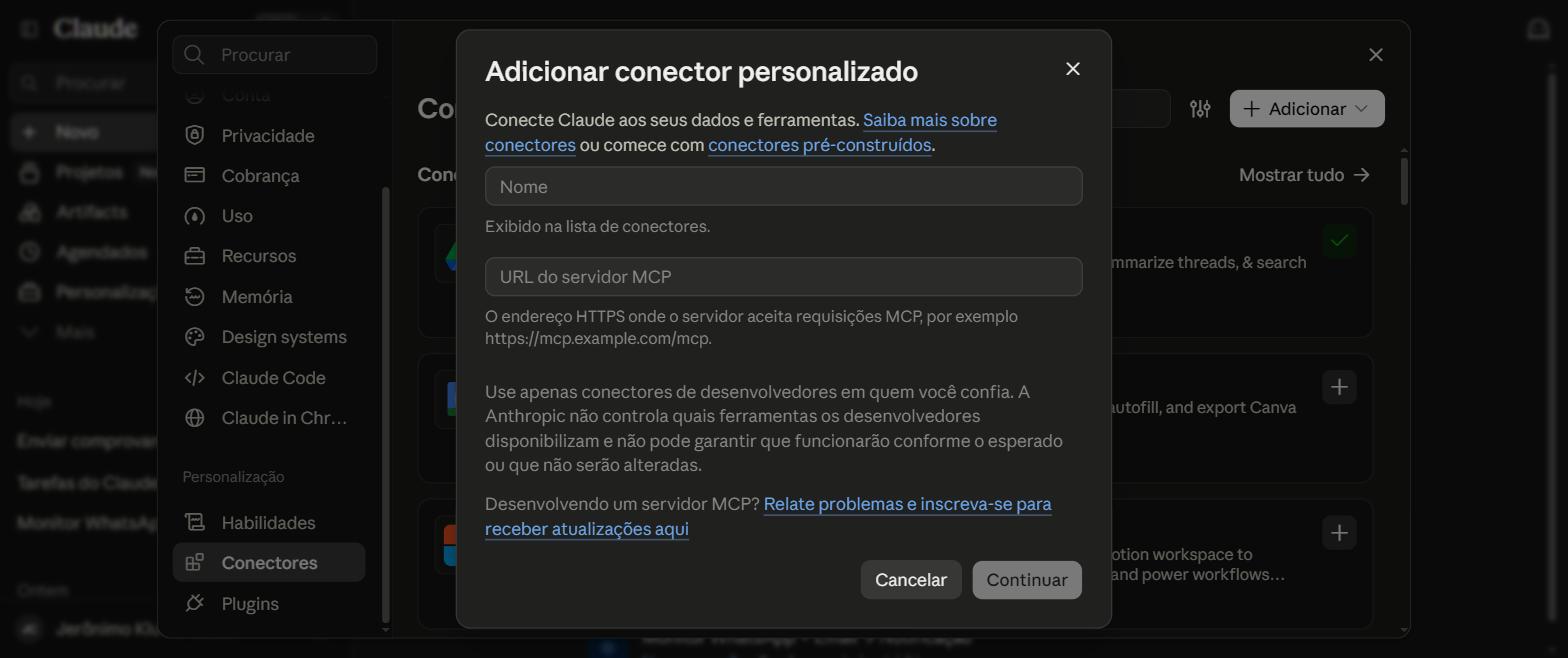 Tela do Claude: Adicionar conector personalizado, com campos Nome e URL do servidor MCP vazios