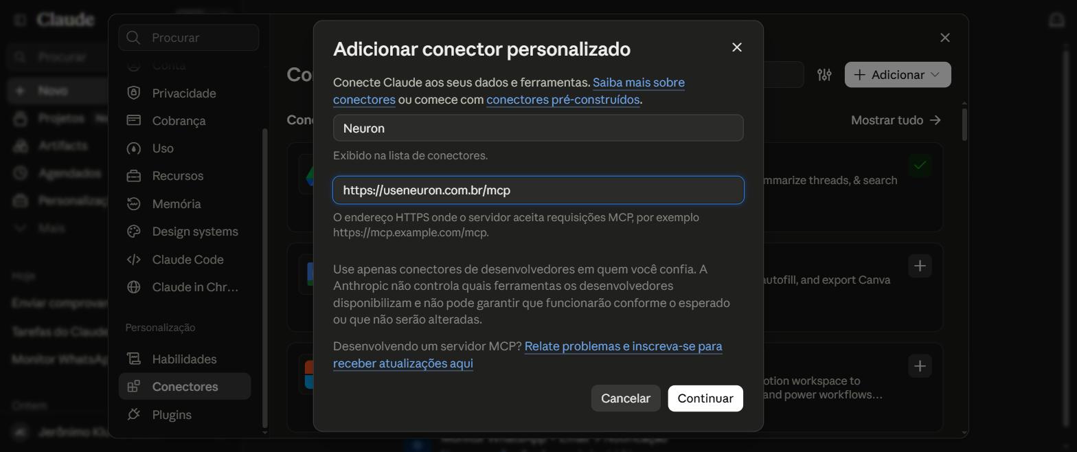 Formulário preenchido com Nome Neuron e URL https://useneuron.com.br/mcp