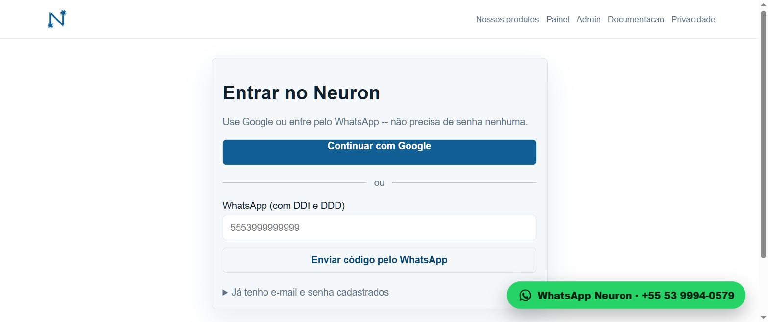 Página Entrar no Neuron, com botão Continuar com Google e campo de WhatsApp para entrar sem senha