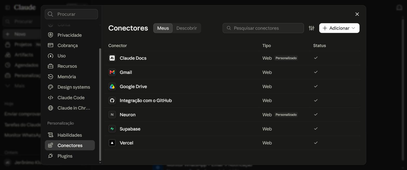 Lista de conectores do Claude com o Neuron aparecendo com status conectado