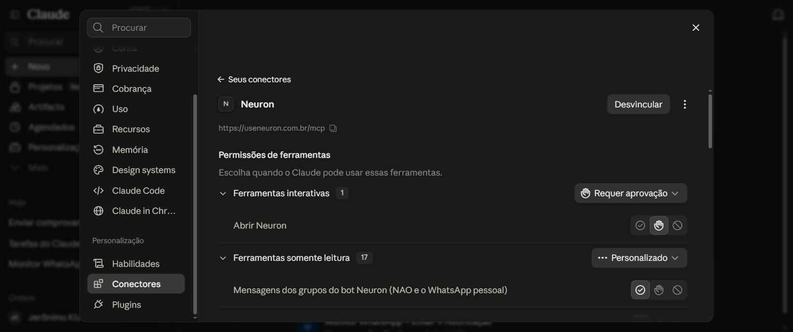 Página de detalhes do conector Neuron no Claude, conectado, mostrando permissões de ferramentas